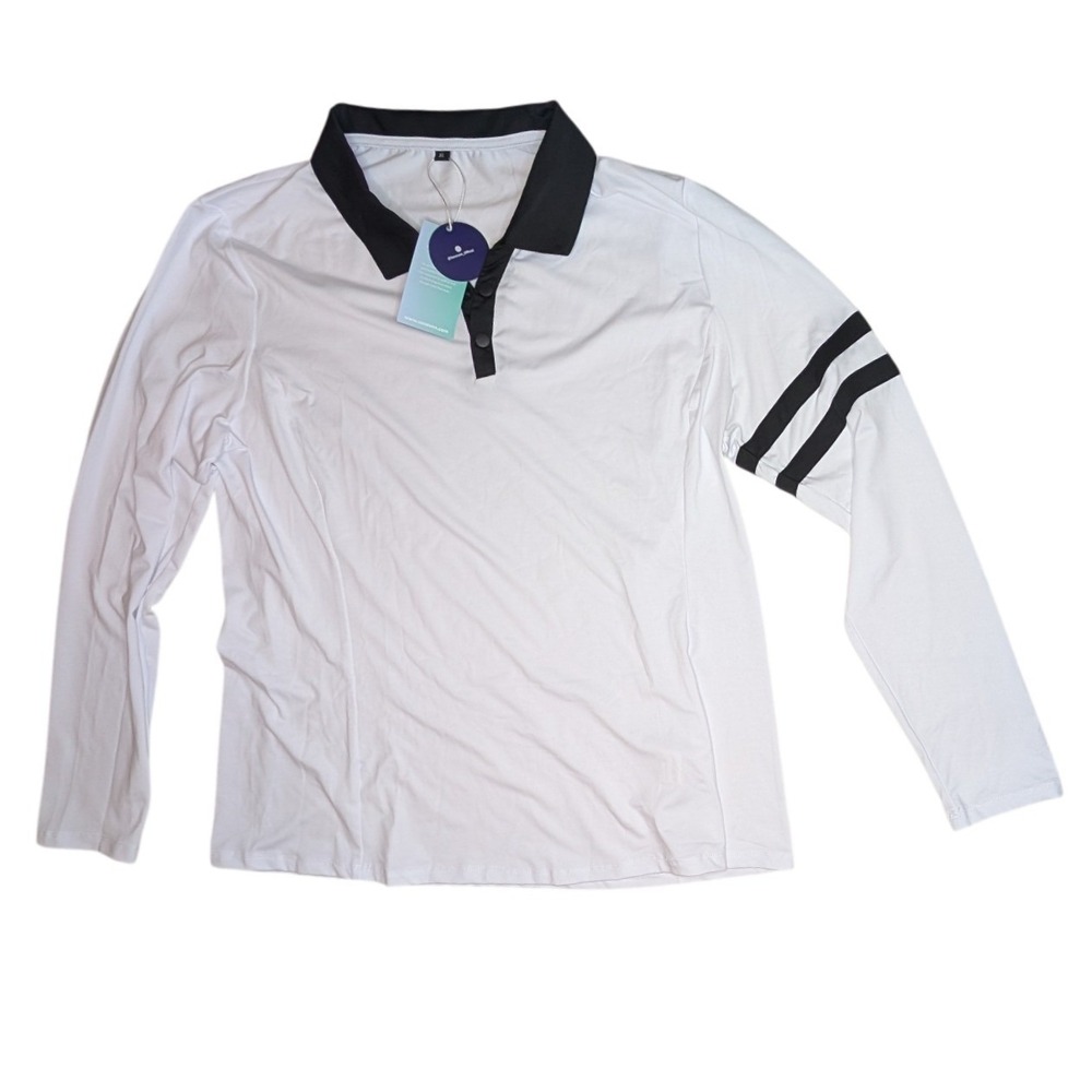 Soneven Polo Shirt Womens XL White Long Sleeve Golf‎ Tennis Athletic Striped